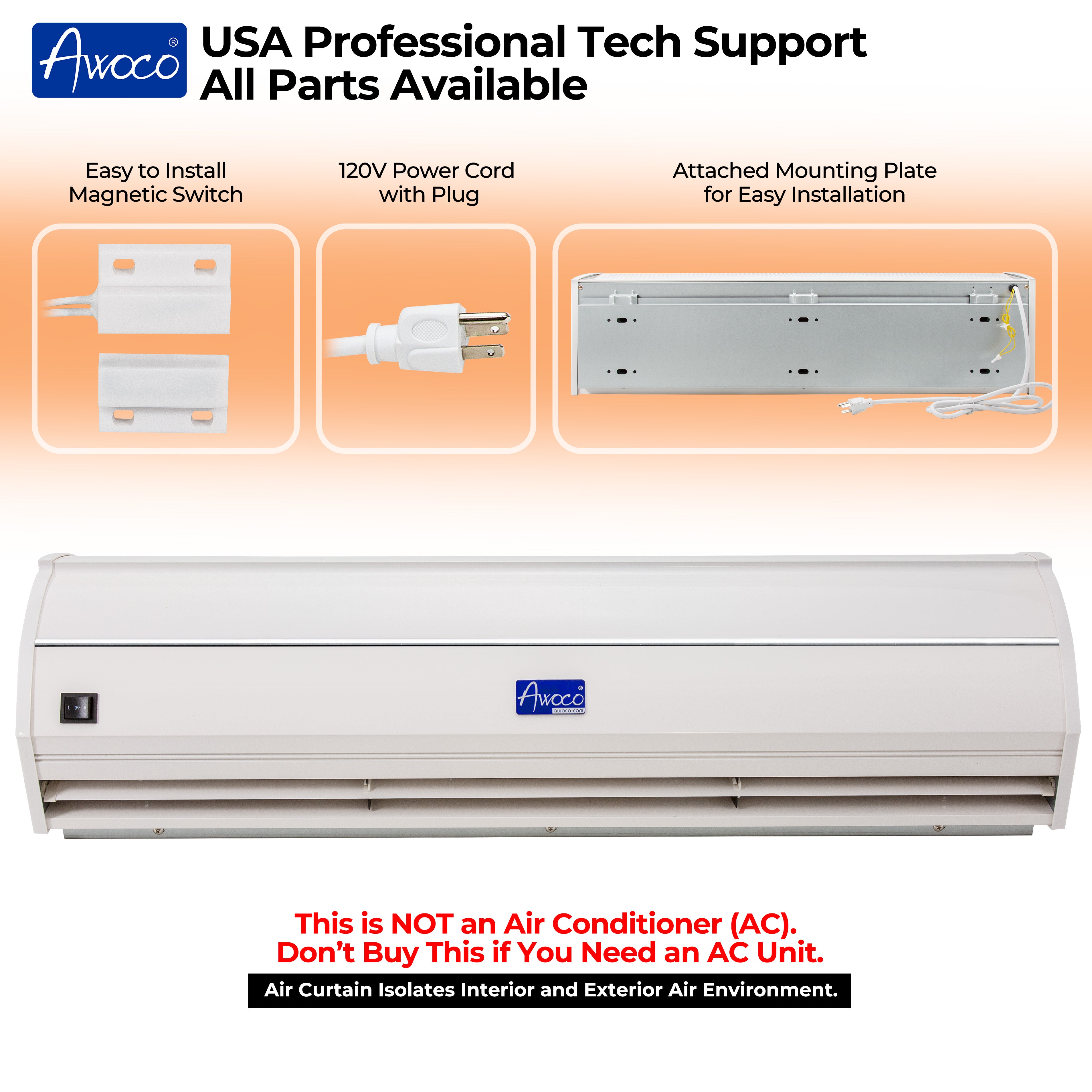 Awoco 36" Elegant 2 Speeds 900 CFM Air Curtain, UL Certified, 120V Unheated with Magnetic Shutoff Delay Swing Doors