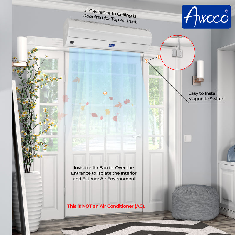 Awoco 72" Elegant 2 Speeds 1800 CFM Indoor Air Curtain, CE Certified, 120V Unheated with an Easy-Install Magnetic Door Switch