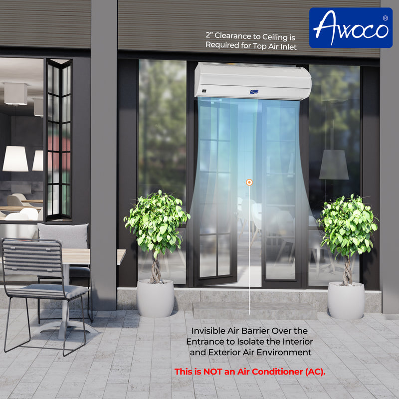 Awoco 42” Elegant 2 Speeds 1000 CFM Indoor Air Curtain, UL Certified, 120V Unheated with an Easy-Install Magnetic Door Switch