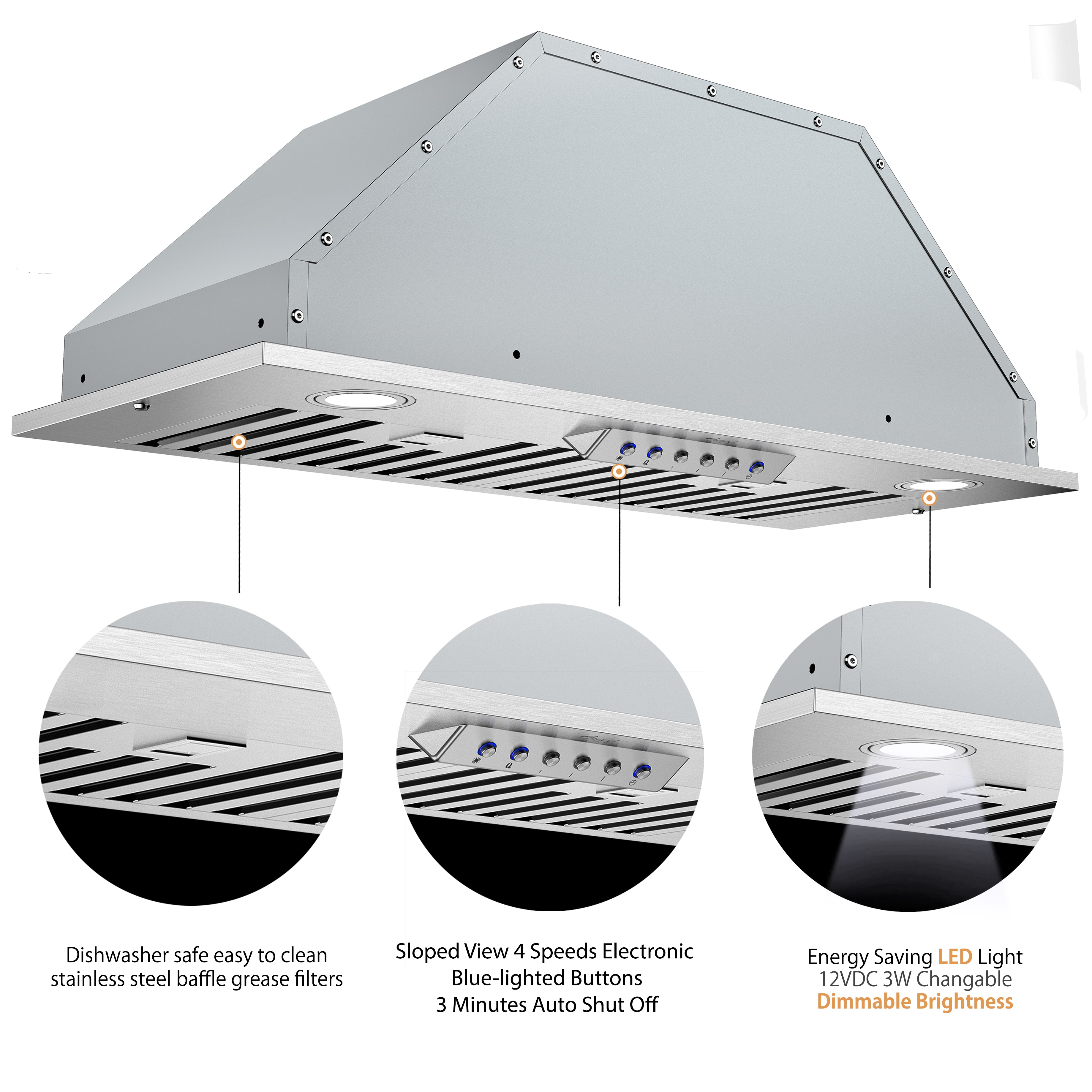 Awoco RH-BQ-36 11-3/4"D Built-in/Insert Stainless Steel Range Hood, 4-Speed, 600 CFM, LED Lights, Baffle Filters for Wood Hood (36"W Built-in/Insert)