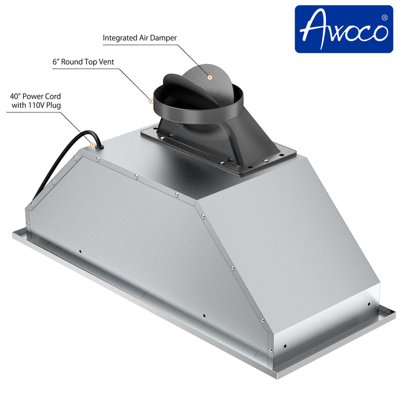 Awoco RH-BQ-30 11-3/4"D Built-in/Insert Stainless Steel Range Hood, 4-Speed, 600 CFM, LED Lights, Baffle Filters for Wood Hood (30"W Built-in/Insert)