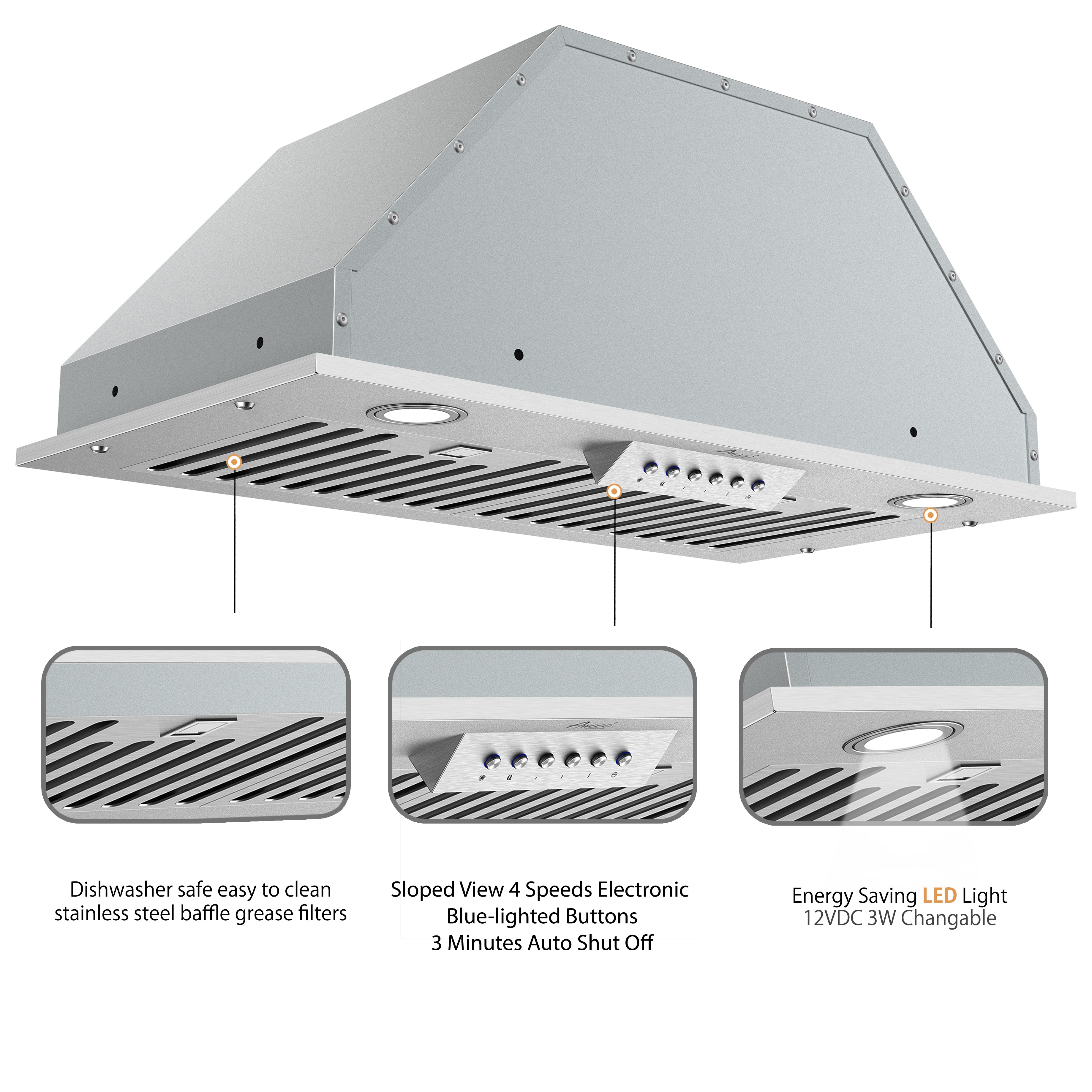 Awoco RH-BQ-M30 14-1/2”D Built-in/Insert Stainless Steel Range Hood, 4-Speed, 650 CFM, LED Lights, Baffle Filters for Wood Hood (M30")