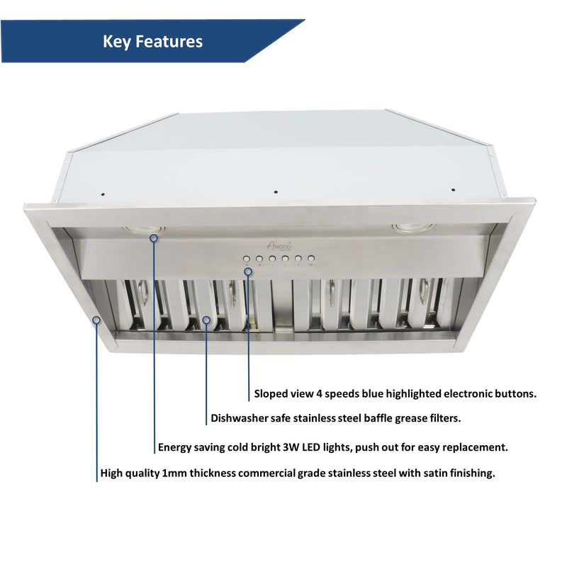 Awoco RH-BQ-X30 18.5” Depth Ducted Built-in/Insert Stainless Steel Range Hood, 4-Speed, 700 CFM, LED Lights, Baffle Filters for Wood Hood