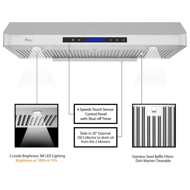 Awoco RH-C06-A36 Classic 6” High 1mm Thick Stainless Steel Under Cabinet 4 Speeds 900 CFM Range Hood with 2 LED Lights & 2 Levels of Lighting (36" W All-In-One)