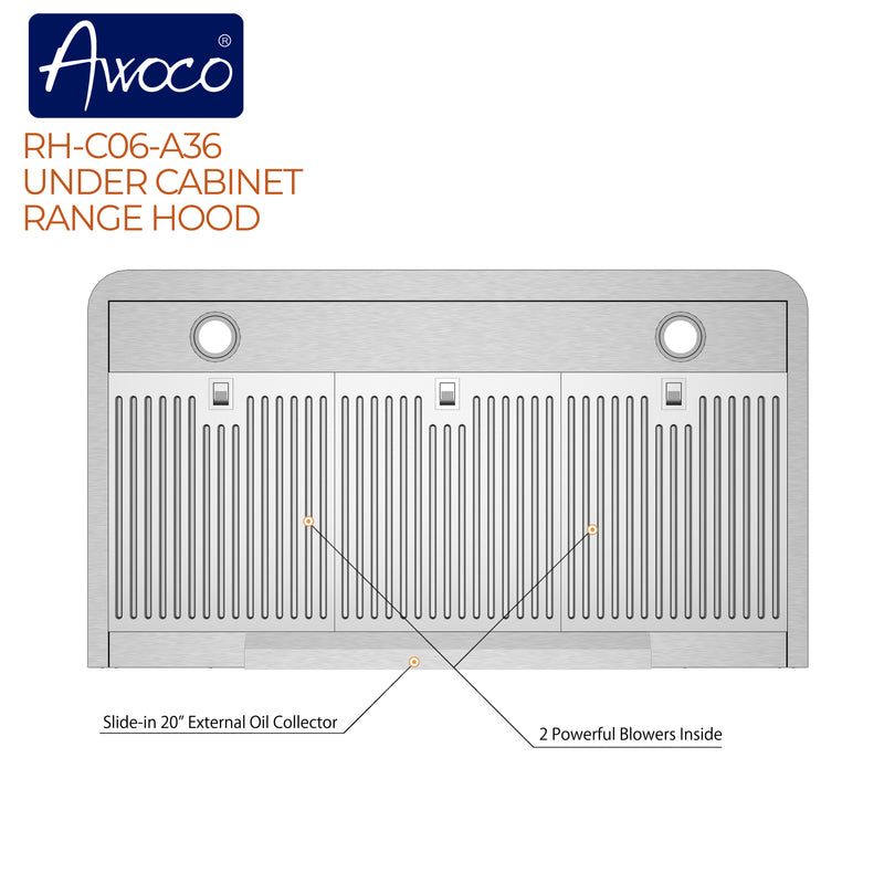 Awoco RH-C06-A36 Classic 6” High 1mm Thick Stainless Steel Under Cabinet 4 Speeds 900 CFM Range Hood with 2 LED Lights & 2 Levels of Lighting (36" W All-In-One)