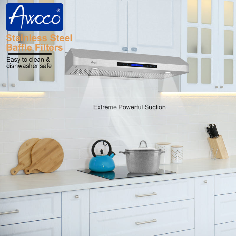 Awoco RH-C06-A36 Classic 6” High 1mm Thick Stainless Steel Under Cabinet 4 Speeds 900 CFM Range Hood with 2 LED Lights & 2 Levels of Lighting (36" W All-In-One)