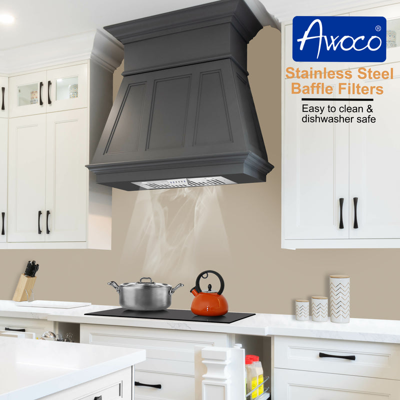Awoco RH-IT08-M30 14-1/2"D Super Quiet Split Insert Stainless Steel Range Hood, 4-Speeds, 1000 CFM, LED Lights with 8” Blower (30"W 8" Vent)