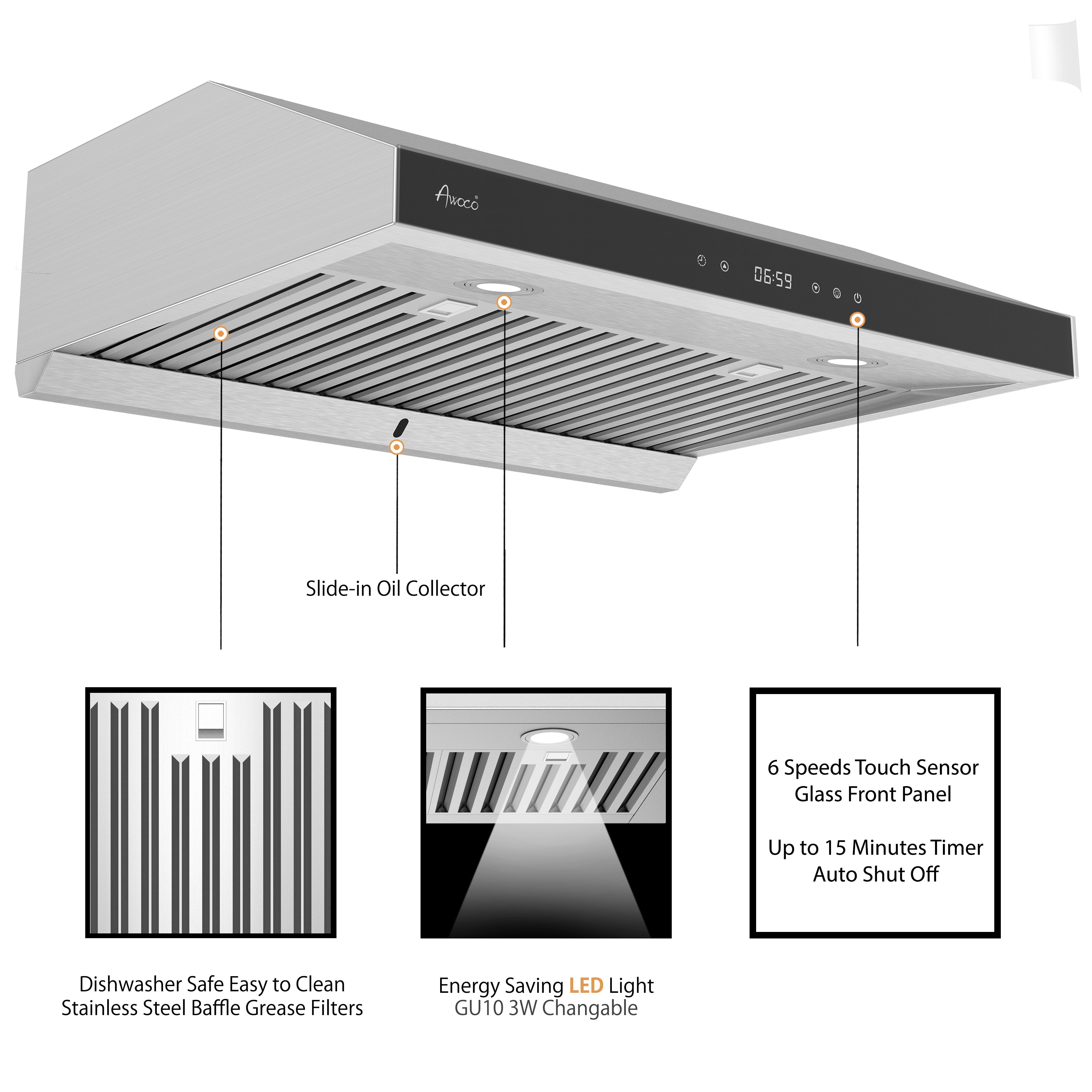 Awoco 30" Stainless Steel Under Cabinet 6 Speeds 900 CFM Range Hood with Tempered Glass Touch Panel, LED Lights, Baffle Filters and Oil Collector, 7" High