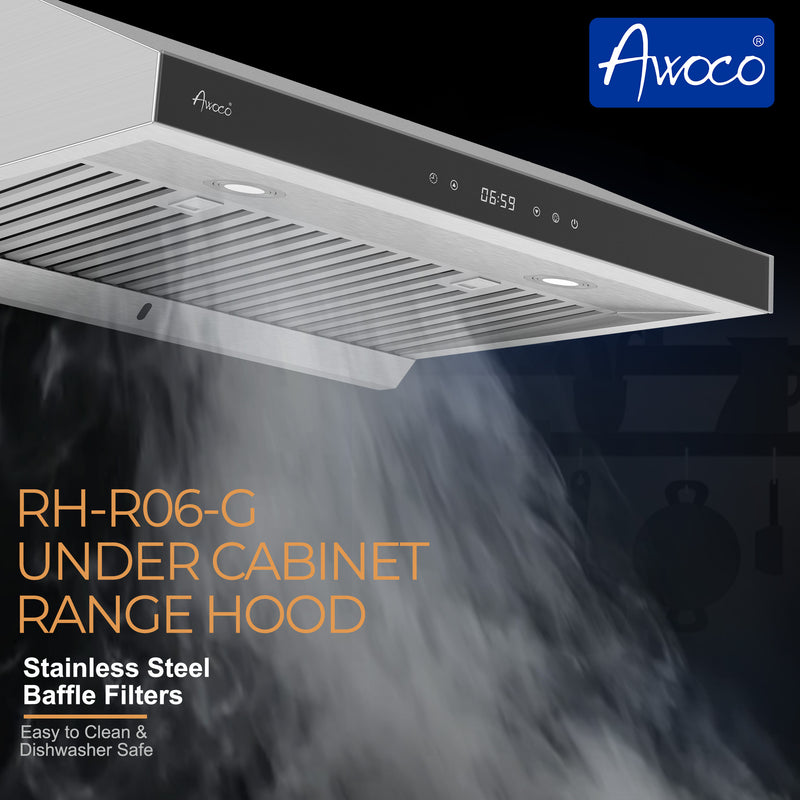 Awoco 36" Stainless Steel Under Cabinet 6 Speeds 900 CFM Range Hood with Tempered Glass Touch Panel, LED Lights, Baffle Filters and Oil Collector, 7" High