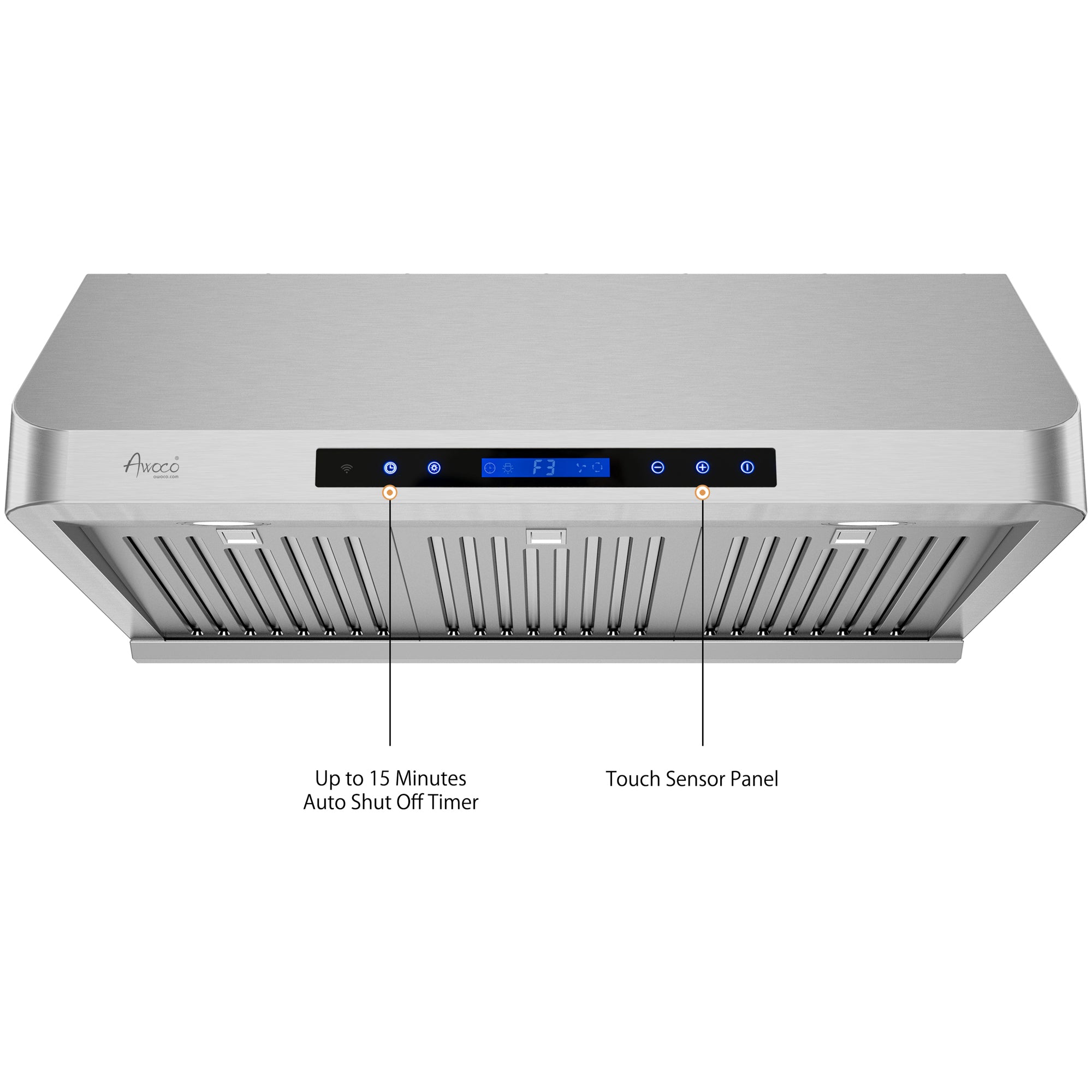 Awoco RH-S10-36E Supreme 10” High Stainless Steel Under Cabinet Range Hood 4 Speeds, 8” Round Top Vent, 1000CFM 2 LED Lights, Remote Control & External Oil Collector (36"W)