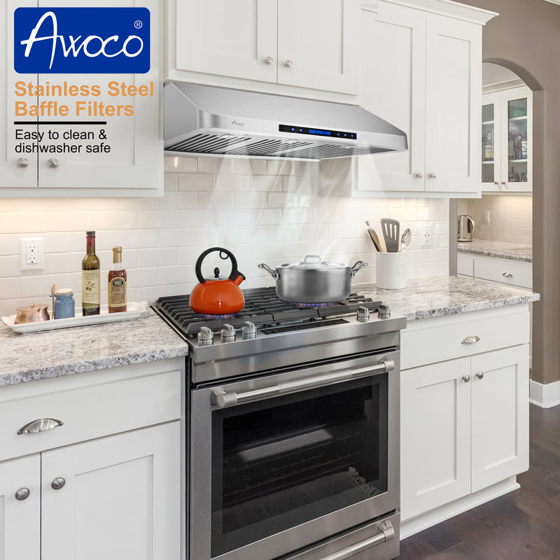 Awoco RH-S10-36E Supreme 10” High Stainless Steel Under Cabinet Range Hood 4 Speeds, 8” Round Top Vent, 1000CFM 2 LED Lights, Remote Control & External Oil Collector (36"W)