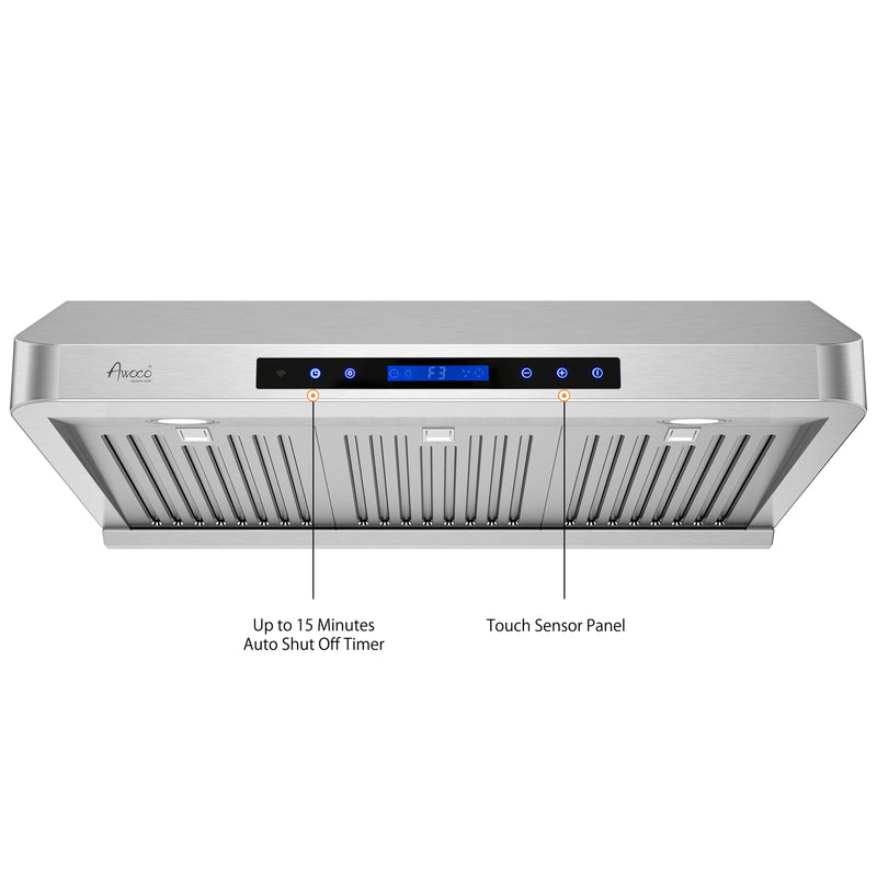 Awoco RH-S10-36S Under Cabinet Supreme 7” High Stainless Steel Range Hood, 4 Speeds, 8” Round Top Vent, 1000CFM, with Remote Control