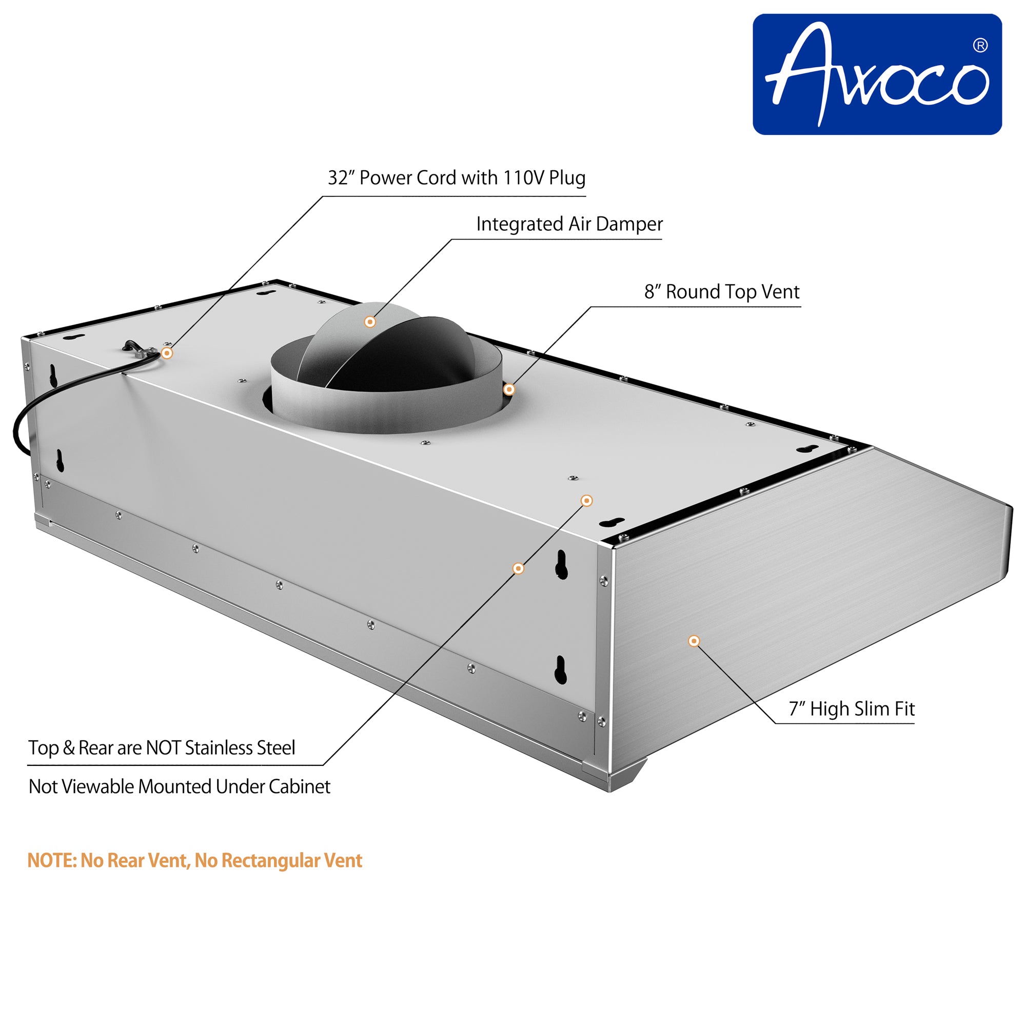 Awoco RH-S10-36S Under Cabinet Supreme 7” High Stainless Steel Range Hood, 4 Speeds, 8” Round Top Vent, 1000CFM, with Remote Control