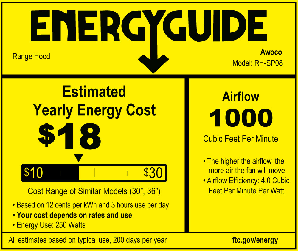 Awoco RH-SP08-N36 Powerful Quiet Split Series 5" High Stainless Steel Under Cabinet 4 Speeds 1000CFM Range Hood with 2 LED Lights, 8" Round Top Vent - 36" Width HOOD + BLOWER (36"W 8" Split)