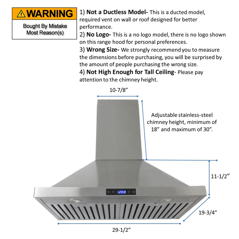 Leyso RH-WS-30 41.5”H Stainless Steel Range hood 3 Speeds, 6” Round Top Vent 760 CFM, 2 LED Lights, Baffle Filters (30" Wall Mount)