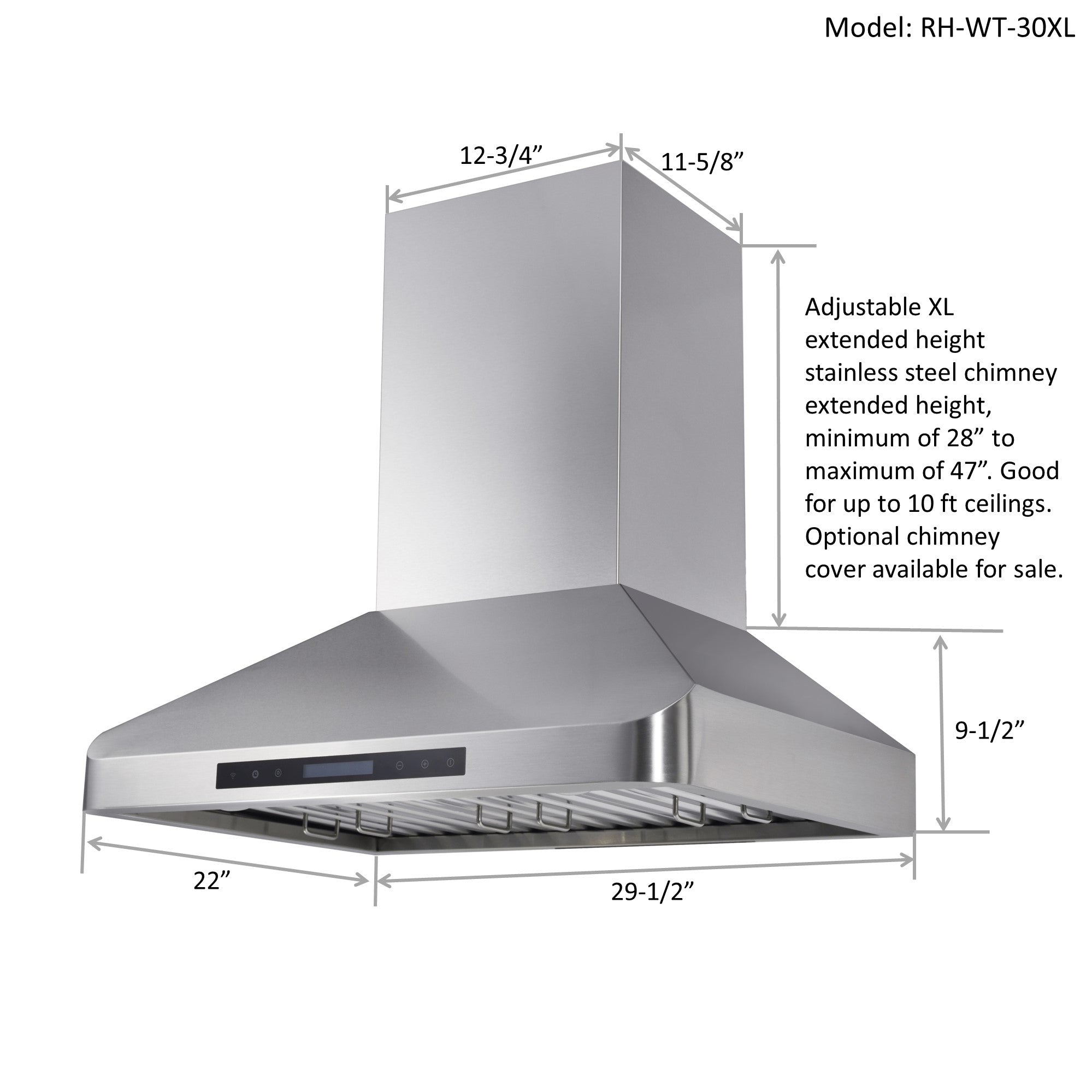 Awoco RH-WT-30XL 56-1/2"H Stainless Steel Range Hood 4 Speeds, 6” Round Top Vent 900CFM 2 LED Lights & Remote Control (30" Wall Mount XL)