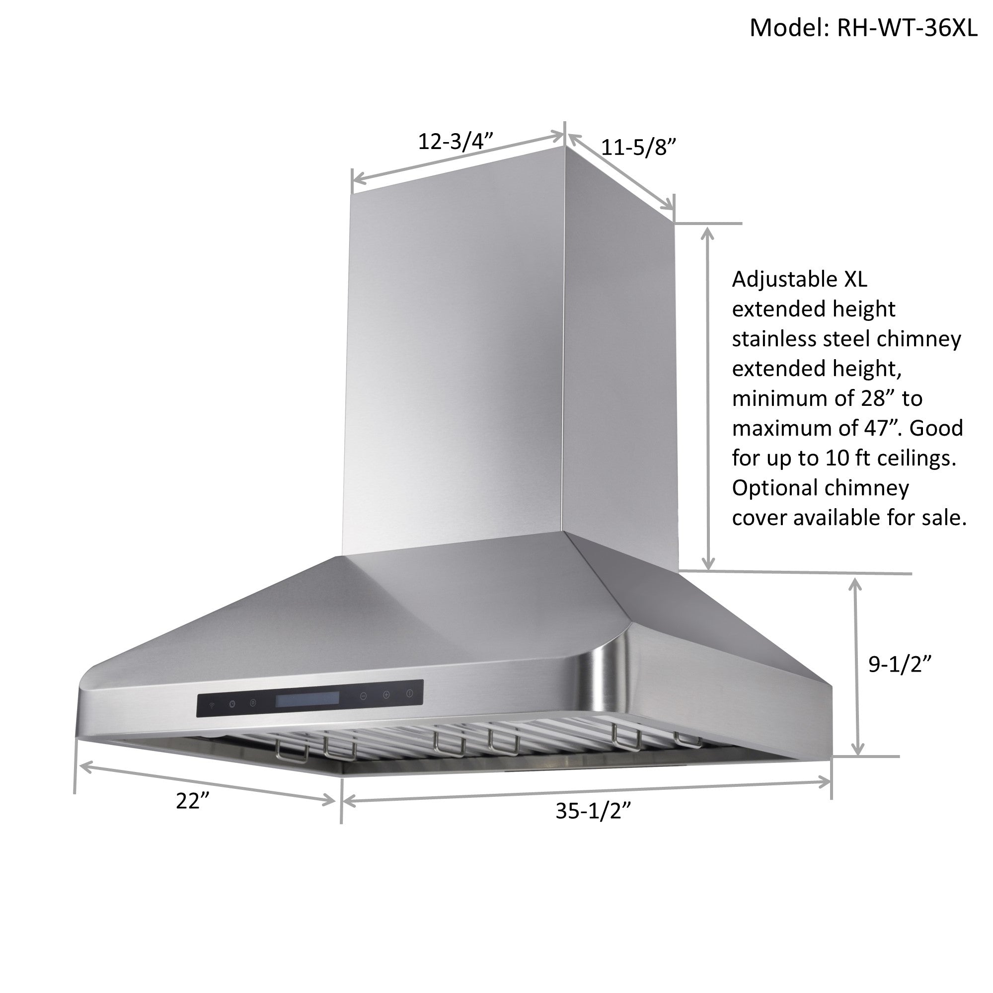 Awoco RH-WT-36XL 56-1/2"H Stainless Steel Range Hood 4 Speeds, 6” Round Top Vent 900CFM 2 LED Lights & Remote Control (36" Wall Mount XL)