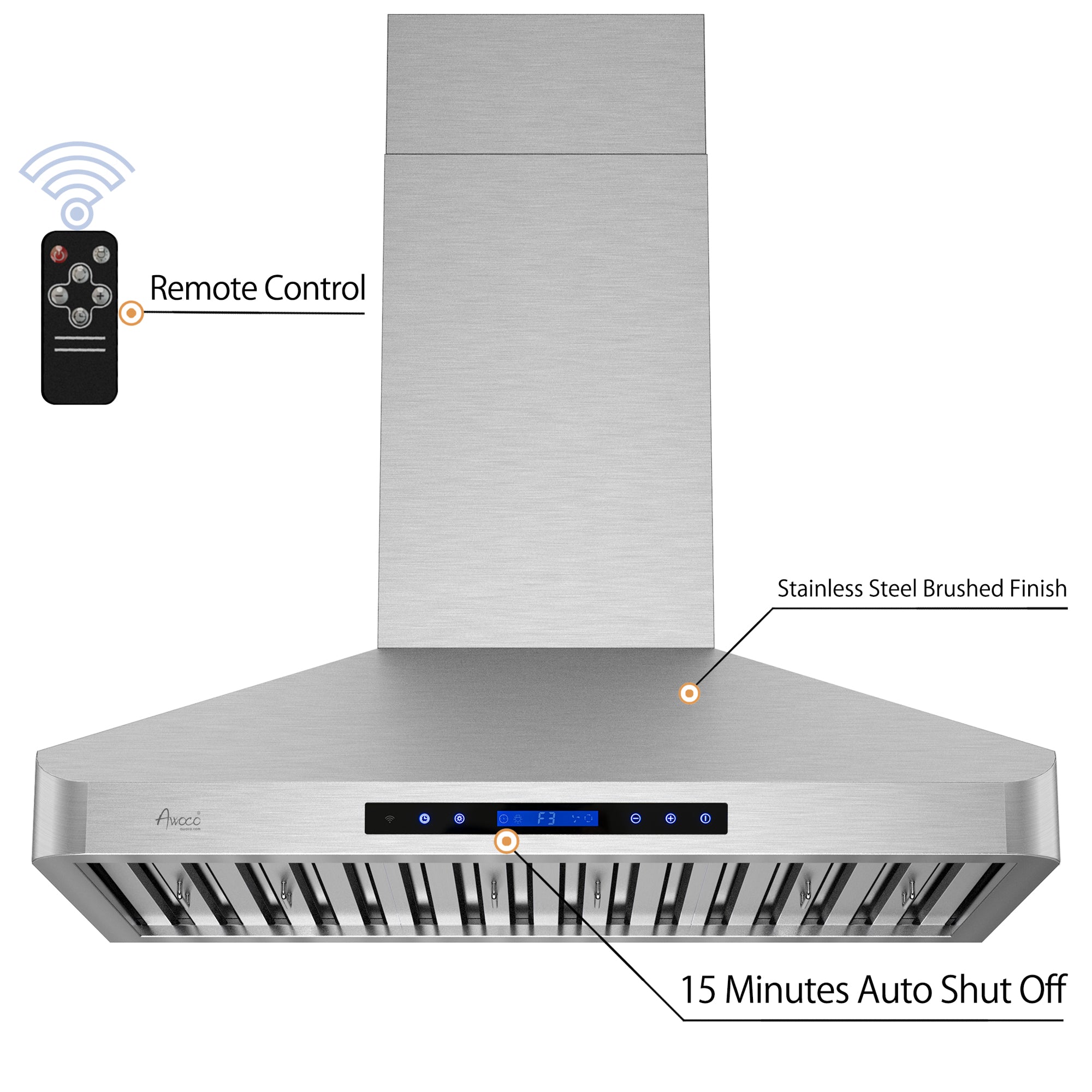 Awoco RH-WT-30 48-1/2"H Stainless Steel Range Hood 4 Speeds, 6” Round Top Vent 900CFM 2 LED Lights & Remote Control (30” Wall Mount)