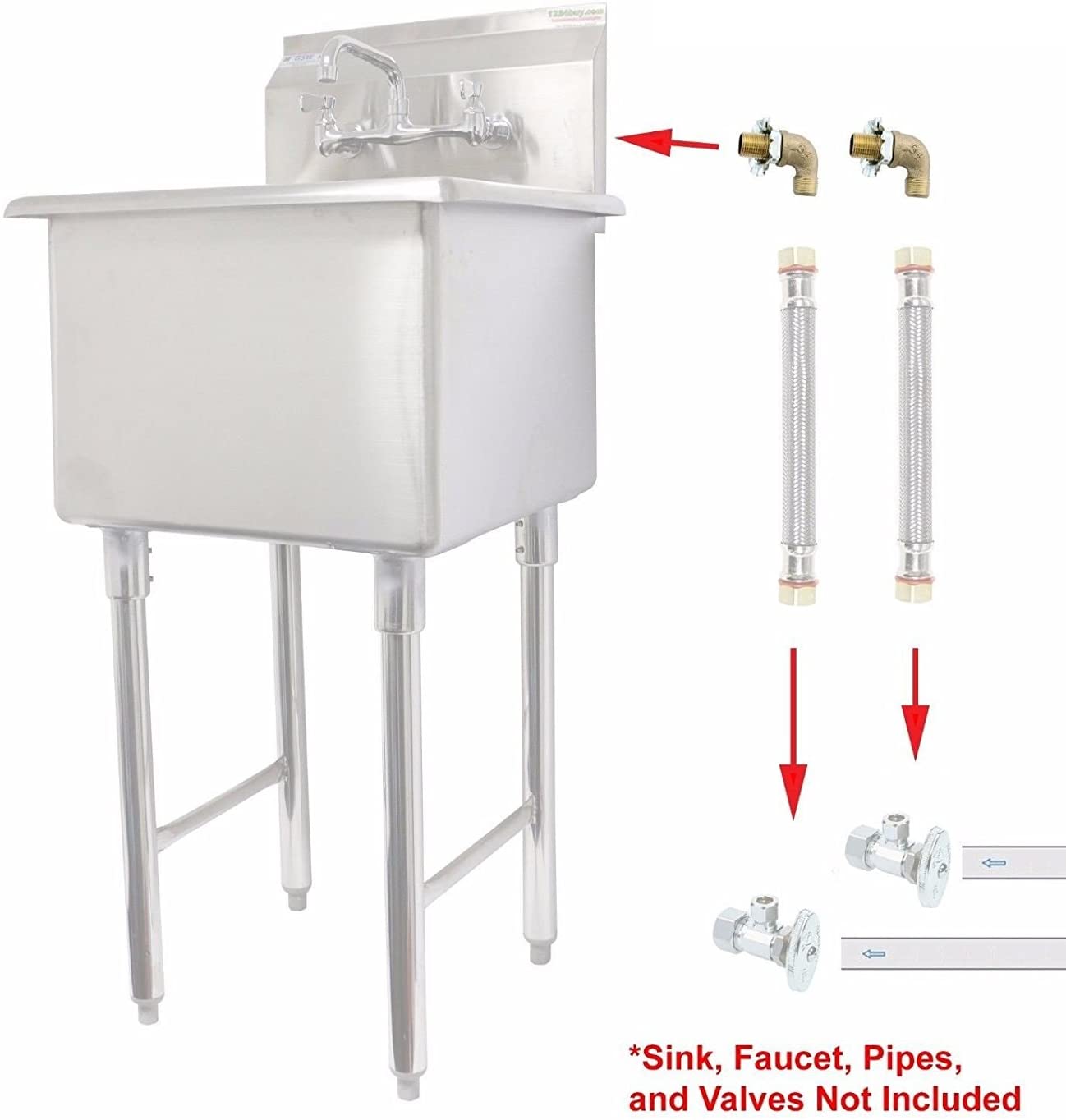 GSW 1 Compartment Stainless Steel Commercial Food Preparation Sink w/Right Drainboard, Wall Mount No Lead NSF Faucet & Two Faucet Mounting Kits, ETL Certified (18" x 18" Sink + Faucet + Kit)
