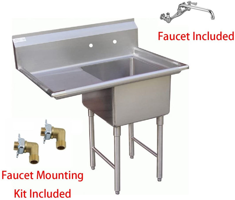 GSW 1 Compartment Stainless Steel Commercial Food Preparation Sink w/Left Drainboard, Wall Mount No Lead NSF Faucet & 2 Faucet Mounting Kits, ETL Certified (24" x 24" Sink + Faucet + Kit)