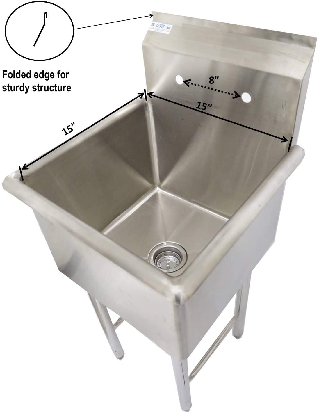 GSW 1 Compartment Stainless Steel Commercial Food Preparation Sink w/ Crossing Bar on Legs ETL Certified (15"x15" Tub + Faucet))