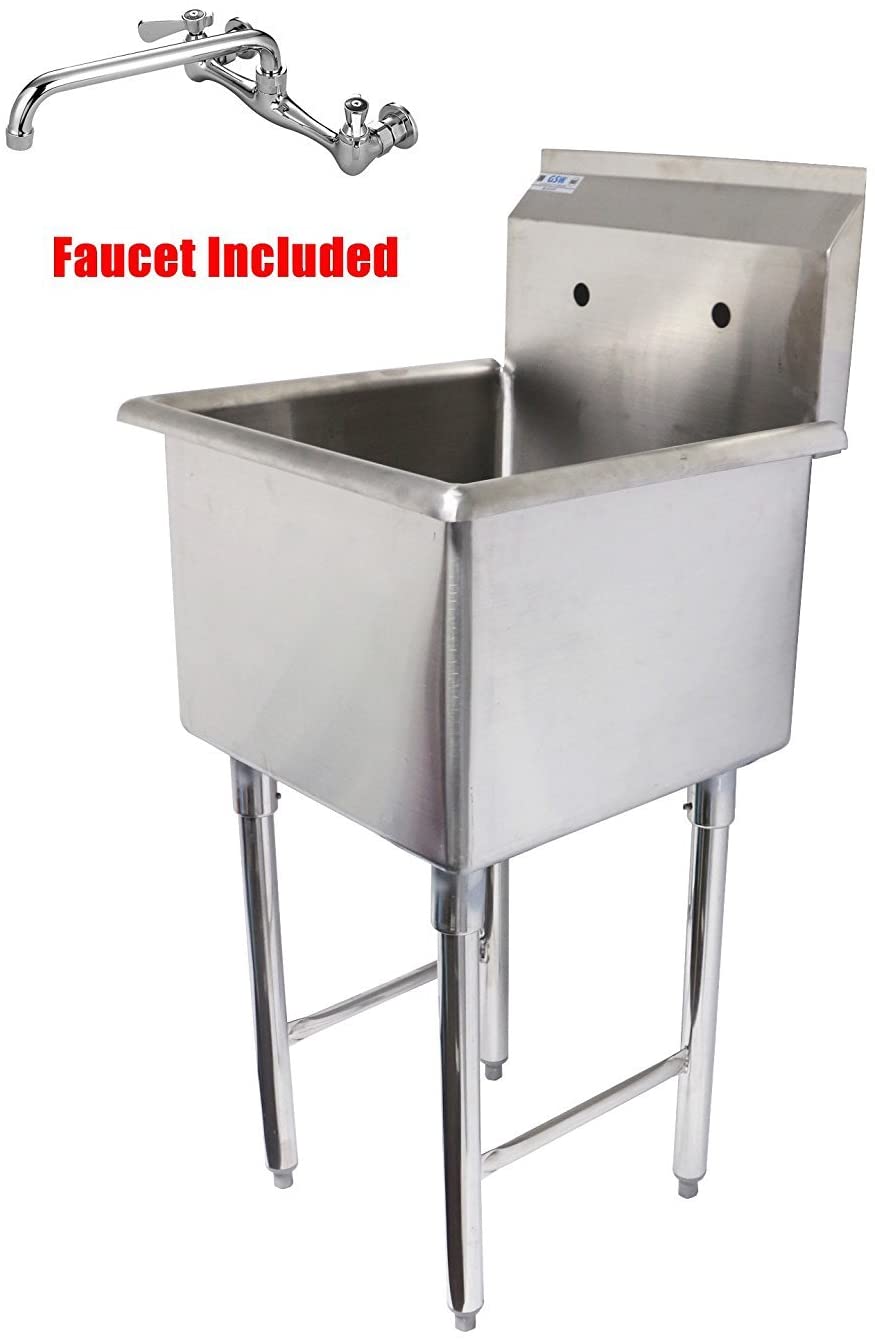 GSW 1 Compartment Stainless Steel Commercial Food Preparation Sink w/ Crossing Bar on Legs ETL Certified (15"x15" Tub + Faucet))