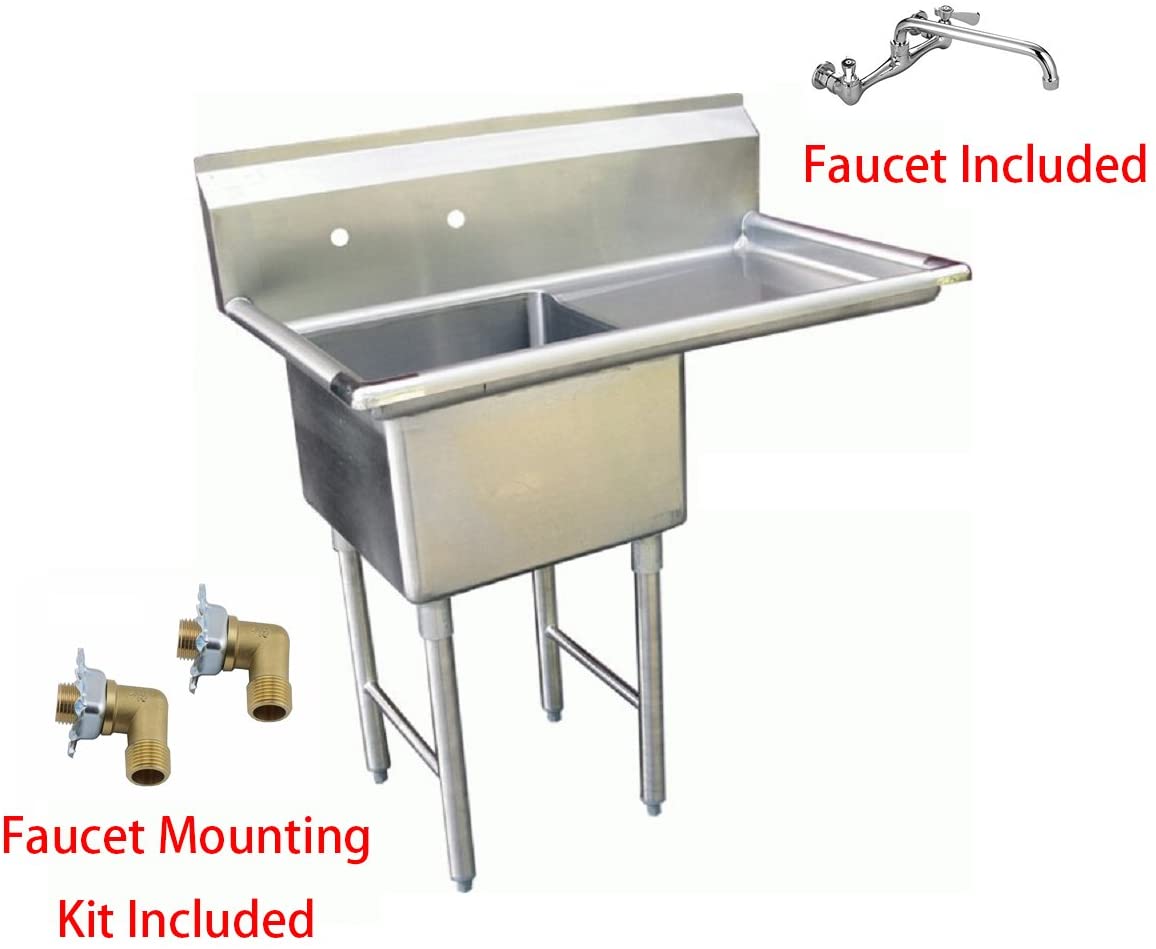 GSW 1 Compartment Stainless Steel Commercial Food Preparation Sink w/Right Drainboard, Wall Mount No Lead NSF Faucet & 2 Faucet Mounting Kits, ETL Certified (24" x 24" Sink + Faucet + Kit)
