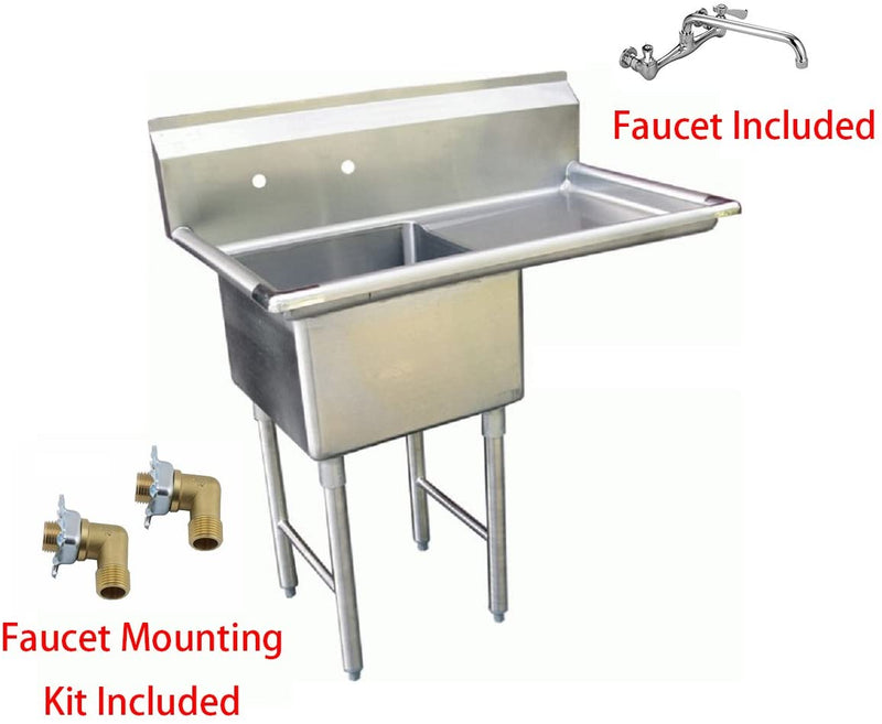 GSW 1 Compartment Stainless Steel Commercial Food Preparation Sink w/Right Drainboard, Wall Mount No Lead NSF Faucet & Two Faucet Mounting Kits, ETL Certified (15" x 15" Sink + Faucet + Kit)