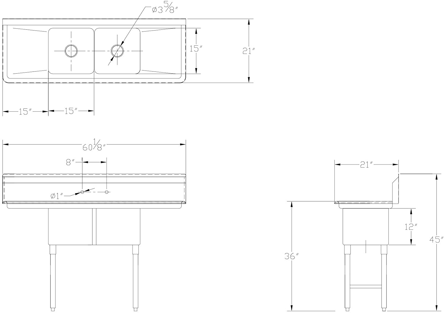 GSW 2-Compartment Stainless Steel Commercial Food Preparation Sink w/ Left & Right Drainboards ETL Certified (15" x 15" Sink Only)