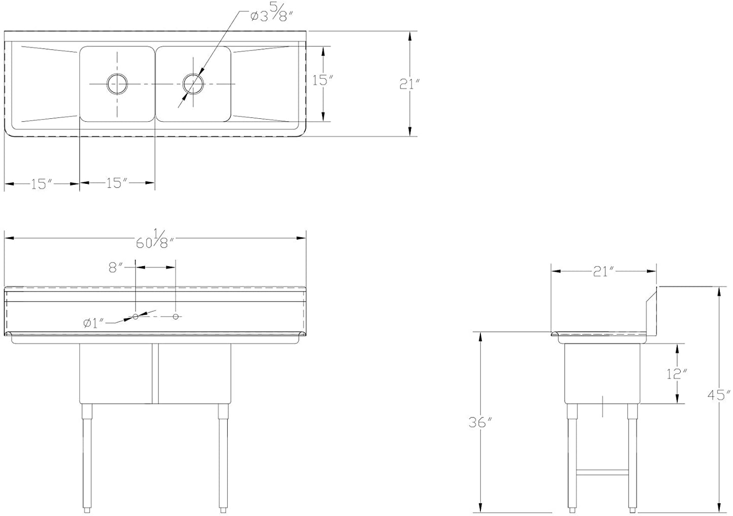 GSW 2-Compartment Stainless Steel Commercial Food Preparation Sink w/ Left & Right Drainboards ETL Certified (15" x 15" Sink Only)