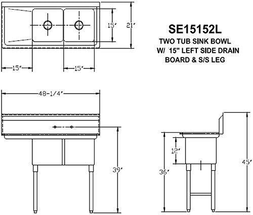 GSW 2 Compartment Stainless Steel Commercial Food Preparation Sink w/ Left Drainboard ETL Certified (15" x 15" Sink Only)