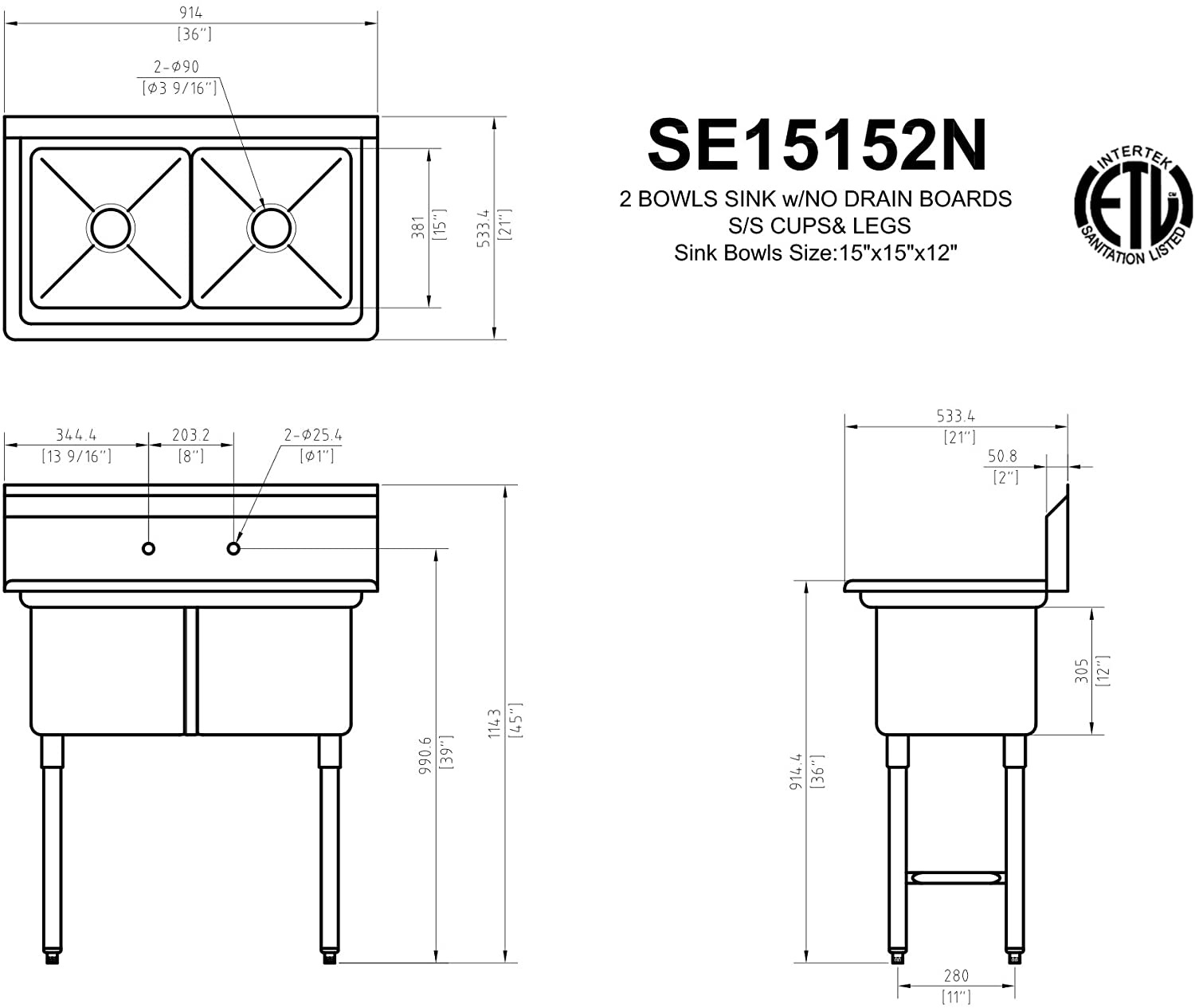 GSW 2 Compartments Stainless Steel Commercial Food Preparation Sink w/ 1" Adjustable Bullet Feet ETL Certified (15" x 15" Sink Only)