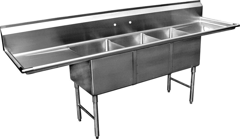 GSW 3 Compartment Stainless Steel Sink 18" x 18"x 12" W/ 24" Left and Right Drainboards NSF Approved