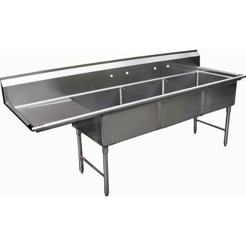 GSW 3 Compartment Stainless Steel Sink 15" x 15"x 12"D W/ 15" Left Drainboard NSF Approved