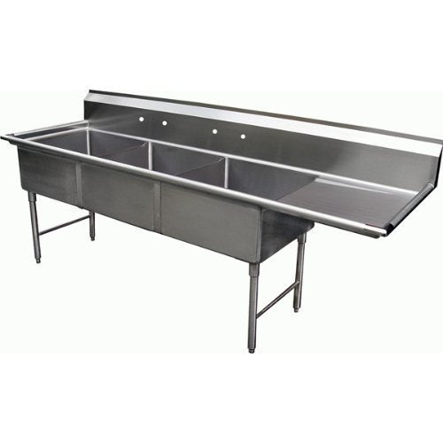 GSW 3 Compartment Stainless Steel Sink 15" x 15"x 12"D W/ 15" Right Drainboard NSF Approved