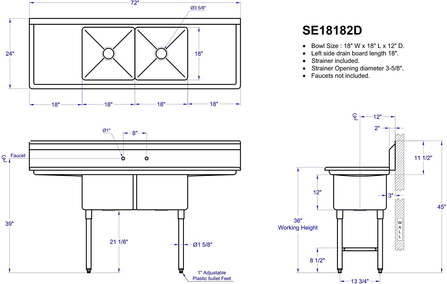 GSW 2-Compartment Stainless Steel Commercial Food Preparation Sink w/ Left & Right Drainboards ETL Certified (18" x 18" Sink Only)