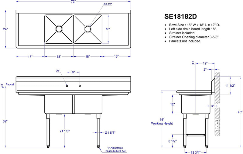GSW 2 Compartment Stainless Steel Sink 18" x 18"x 12" W/ 24" Left and Right Drainboards NSF Approved