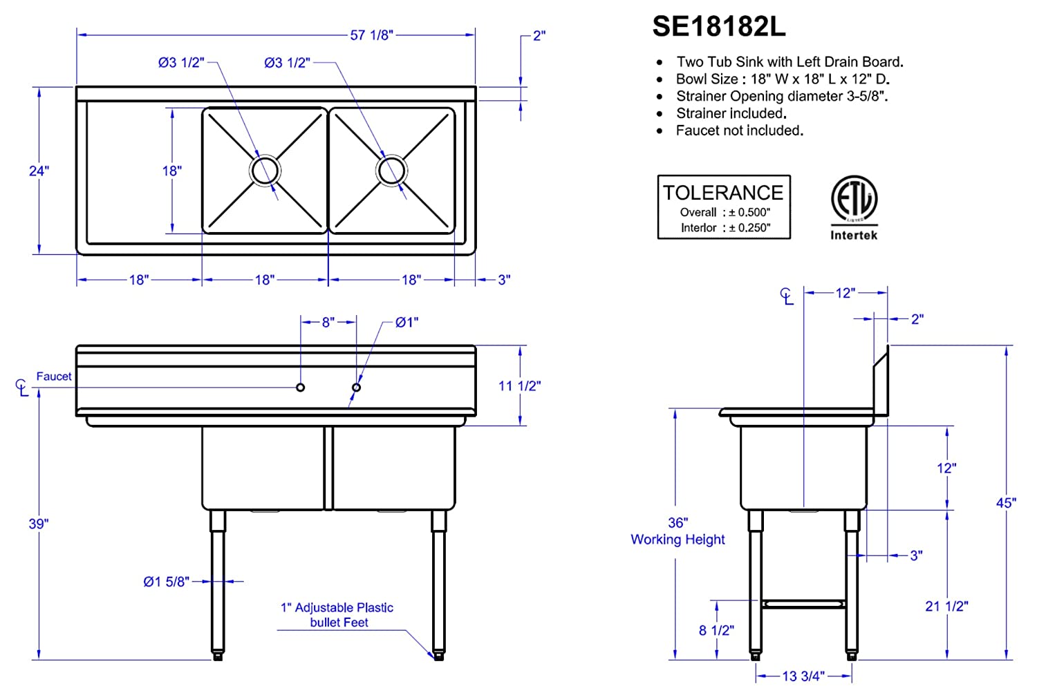 GSW 2 Compartment Stainless Steel Commercial Food Preparation Sink w/ Left Drainboard ETL Certified (18" x 18" Sink Only)