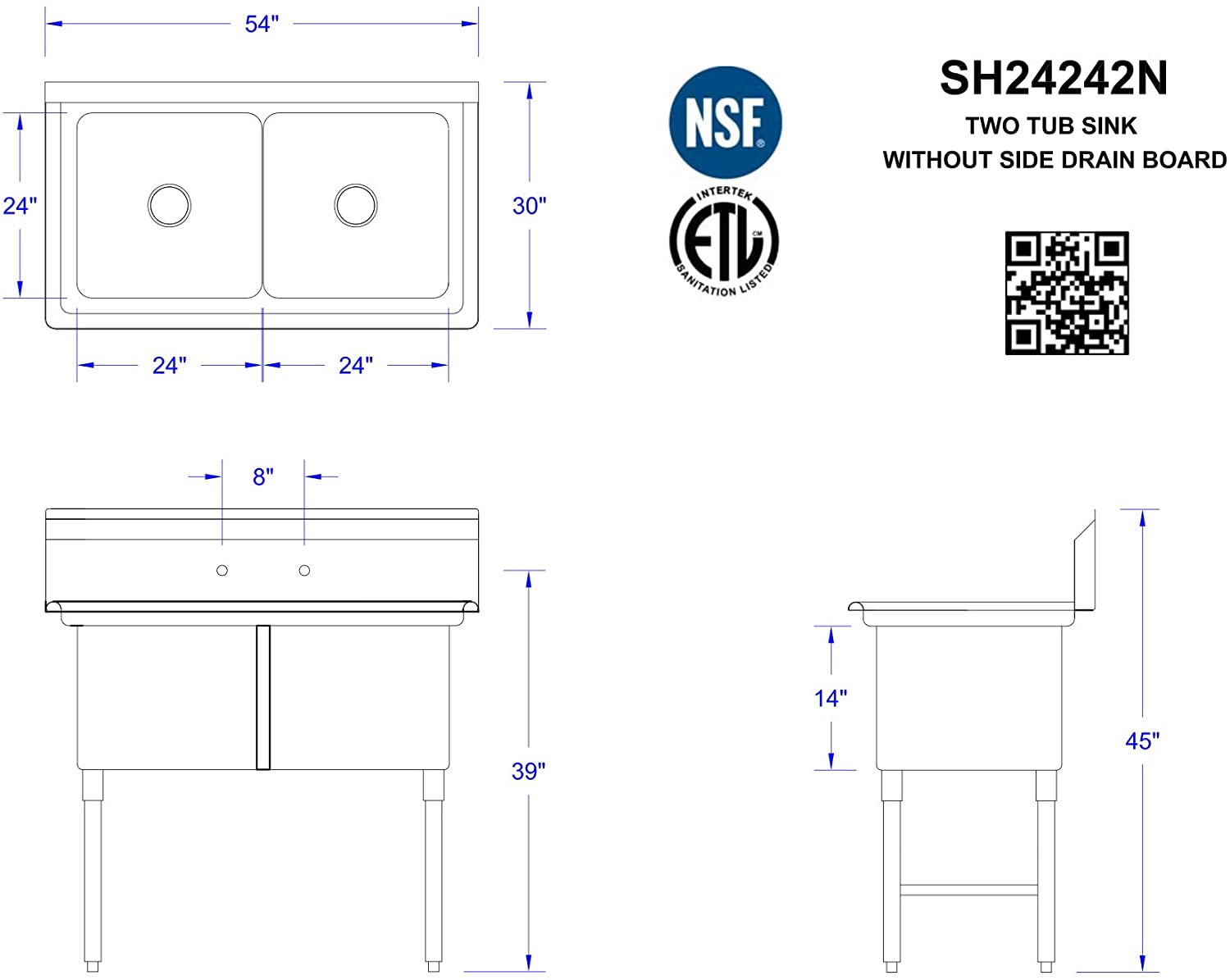 GSW 2 Compartments Stainless Steel Commercial Food Preparation Sink w/ 1" Adjustable Bullet Feet ETL Certified (24" x 24" Sink Only)