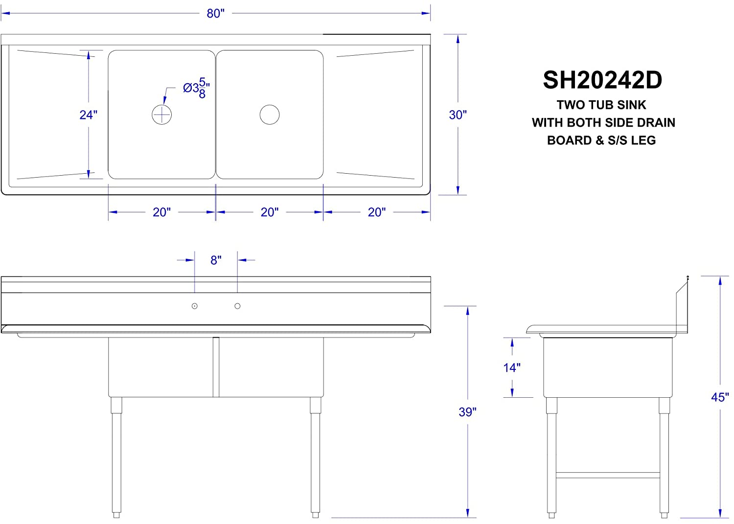 GSW 2-Compartment Stainless Steel Commercial Food Preparation Sink w/ Left & Right Drainboards ETL Certified (24" x 20" Sink Only)