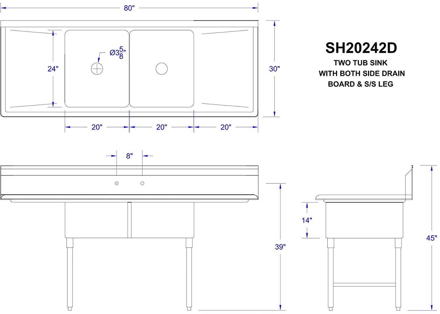 GSW 2-Compartment Stainless Steel Commercial Food Preparation Sink w/ Left & Right Drainboards ETL Certified (24" x 20" Sink Only)