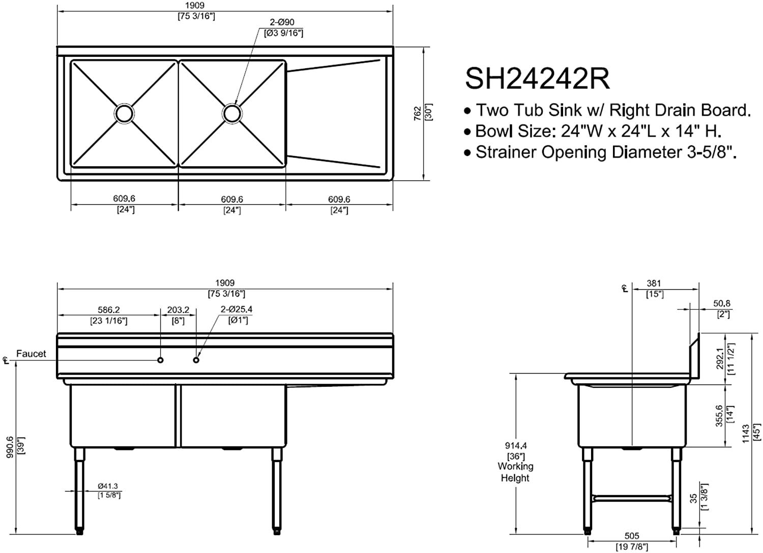 GSW 2-Compartment Stainless Steel Commercial Food Preparation Sink w/ Right Drainboard ETL Certified (24" x 24" Sink Only)