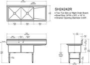 GSW 2-Compartment Stainless Steel Commercial Food Preparation Sink w/ Right Drainboard ETL Certified (24" x 24" Sink Only)