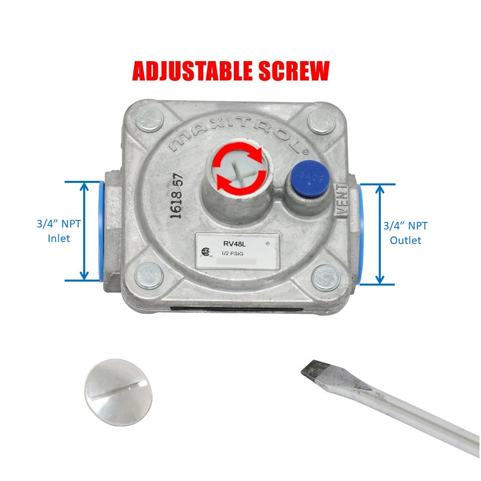 Maxitrol RV48L Natural Gas Pressure Regulator, 1-1/16" In and Out Opening, 3/4" FPT Thread,1/2 PSIG Inlet Pressure, 3"-6" WC Outlet Pressure (3/4" Natural Gas NG)