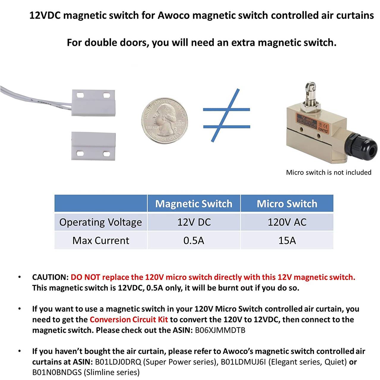 Awoco 12VDC Easy-Install Magnetic Switch for Awoco Magnetic Switch Controlled Air Curtains (Magnetic Switch)