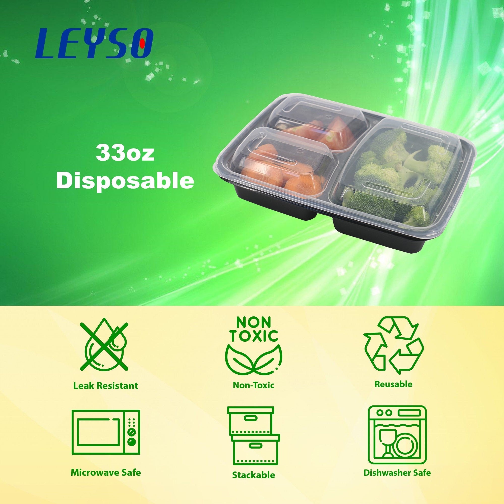 Leyso TO-JH333 33oz Three Compartments Bento Box Food Container with Clear Lid - Microwave, Dishwasher Safe