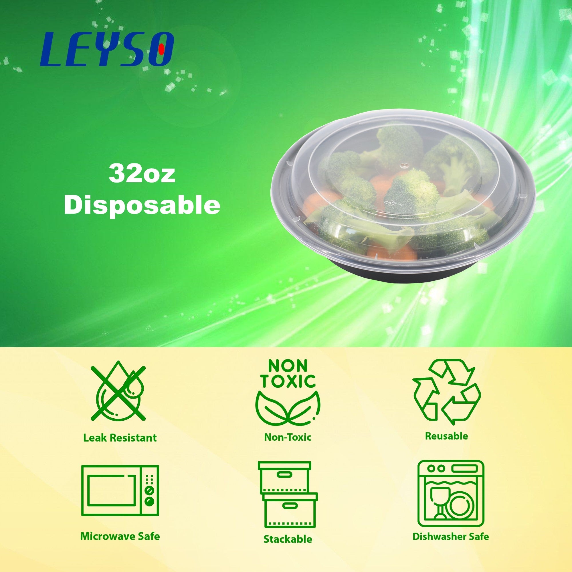 Leyso TO-JR32 32oz Round Food Container with Clear Lid - Microwave, Dishwasher Safe