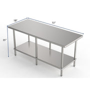 GSW Commercial Grade Flat Top Work Table with Stainless Steel Top, Galvanized Undershelf & Legs, Adjustable Bullet Feet, Perfect for Restaurant, Home, Office, Kitchen or Garage, NSF Approved (18"W x 72"L x 35"H)